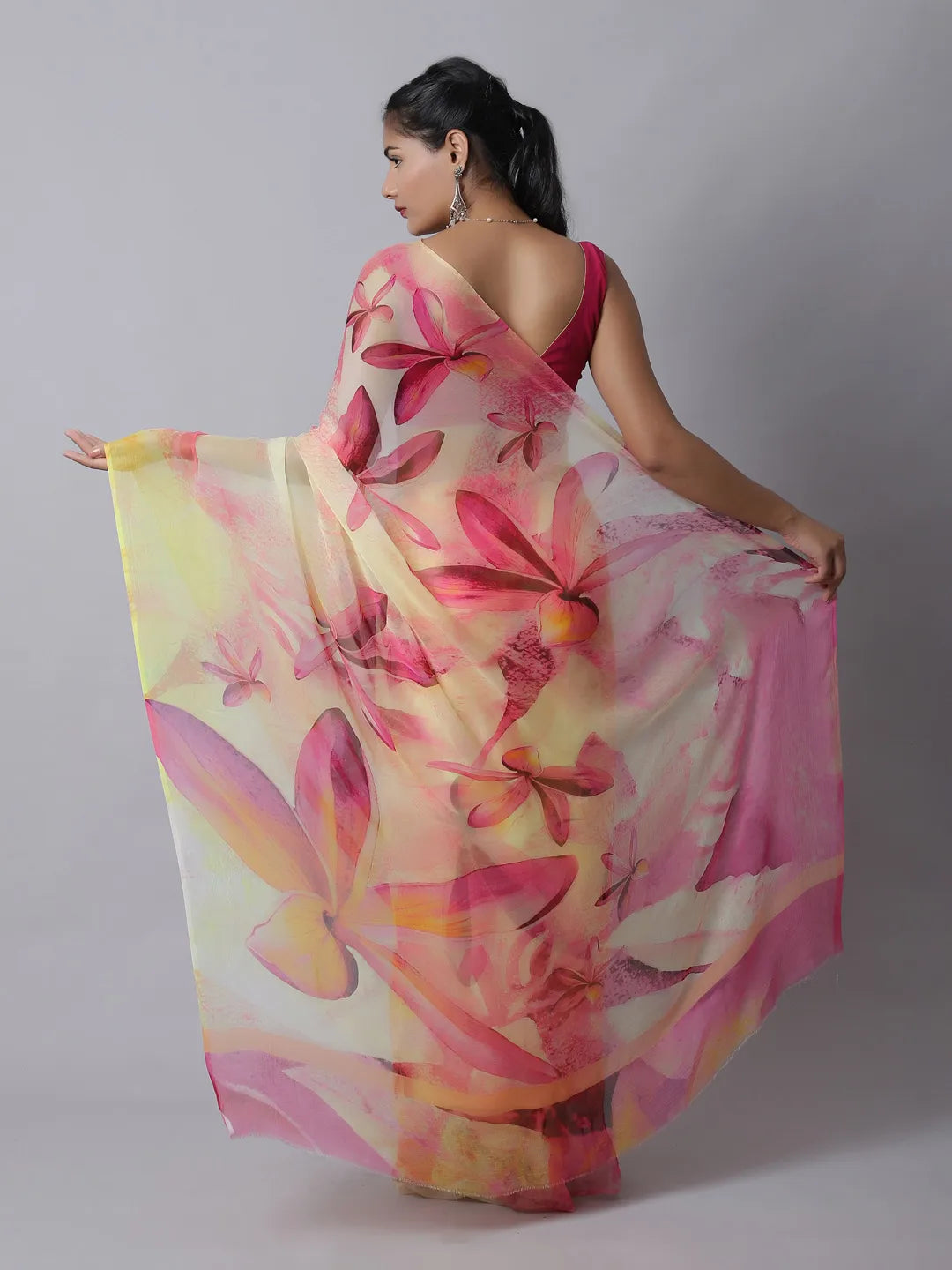 Tiffany Rose Silk Chiffon Saree in pink and yellow