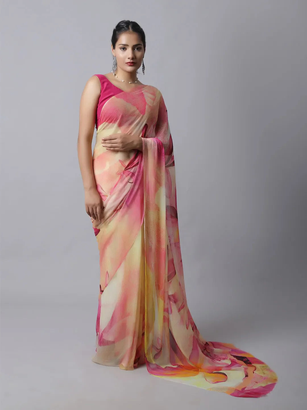 Tiffany Rose Silk Chiffon Saree in pink and yellow