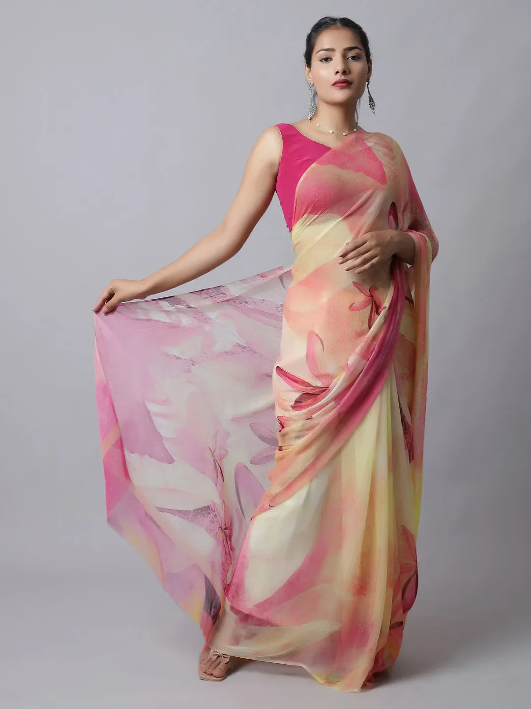 Tiffany Rose Silk Chiffon Saree in pink and yellow