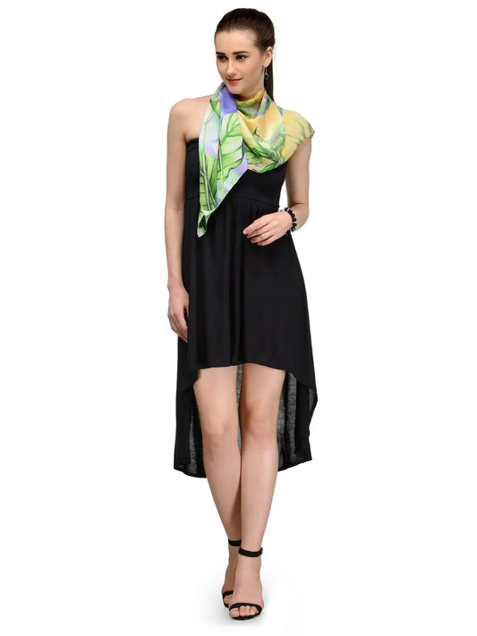 Tropical Meadow Silk Satin Stole with Green Bamboo and Birds of Paradise Print