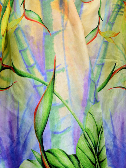 Tropical Meadow Silk Satin Stole with Green Bamboo and Birds of Paradise Print