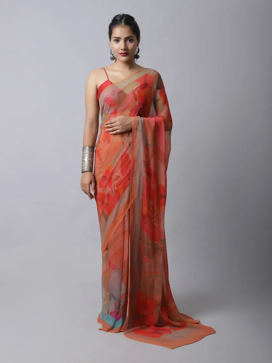 Tangerine Silk Chiffon Saree with bold orange tones