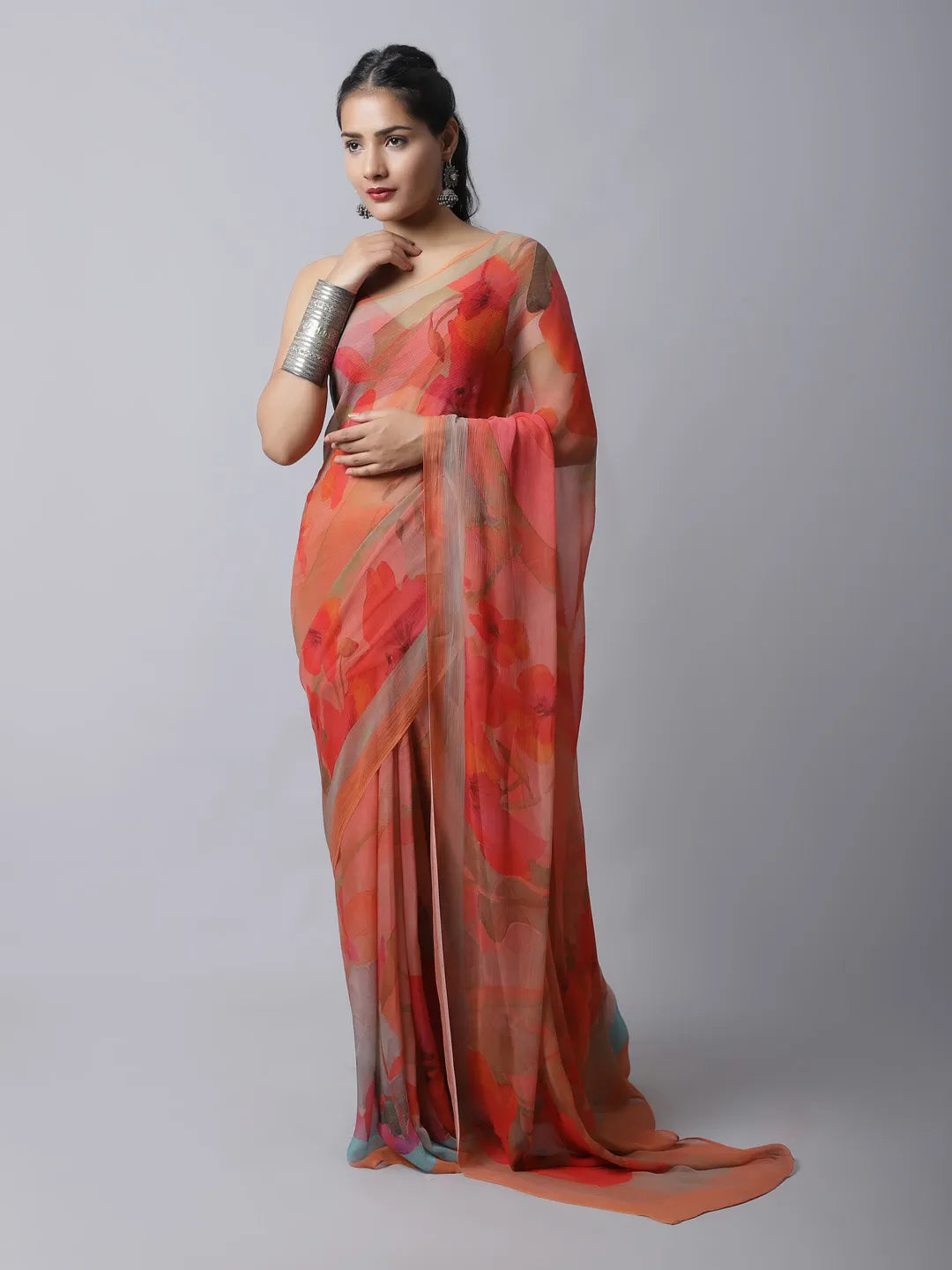 Tangerine Silk Chiffon Saree with bold orange tones
