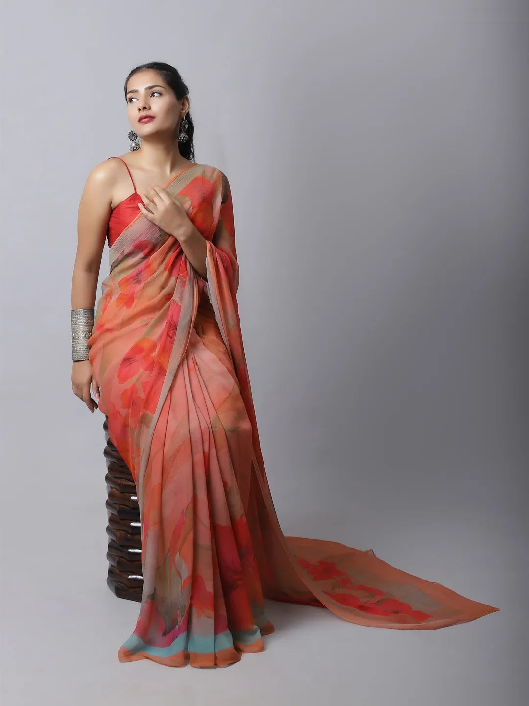 Tangerine Silk Chiffon Saree with bold orange tones