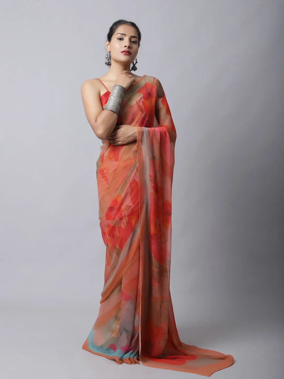 Tangerine Silk Chiffon Saree with bold orange tones