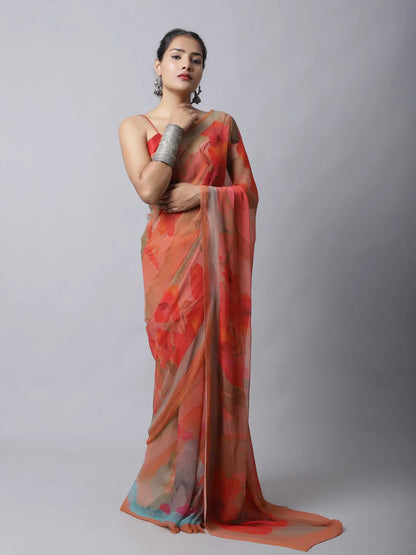 Tangerine Silk Chiffon Saree with bold orange tones