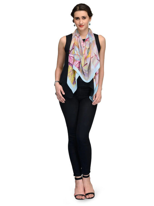 Evening Paradise Silk Chiffon Stole in Maroon and Blush | Birds of Paradise Floral Scarf  