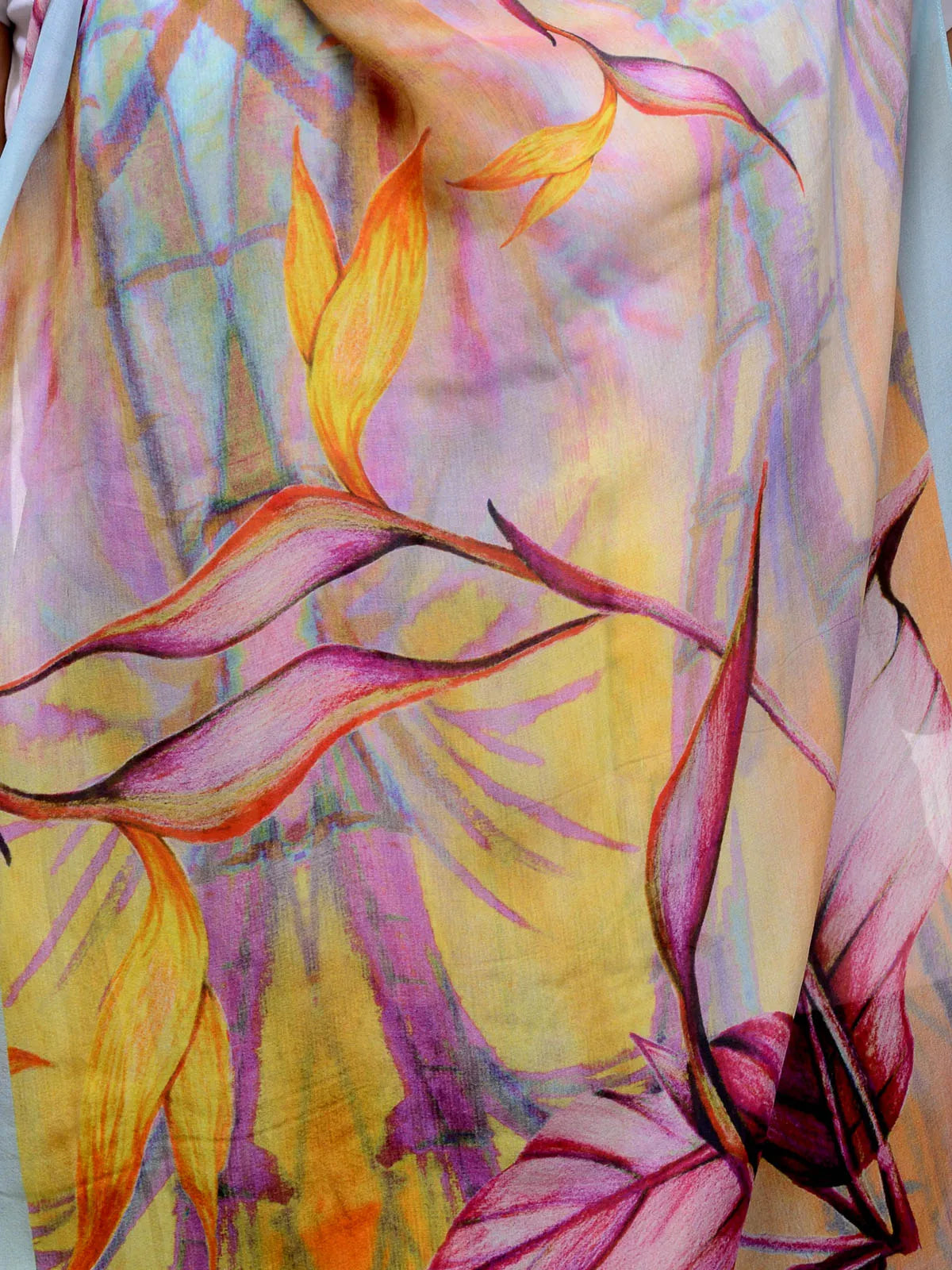 Evening Paradise Silk Chiffon Stole in Maroon and Blush | Birds of Paradise Floral Scarf  