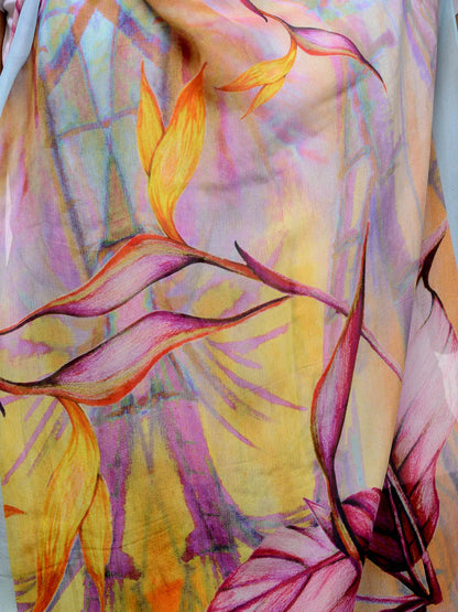Evening Paradise Silk Chiffon Stole in Maroon and Blush | Birds of Paradise Floral Scarf  