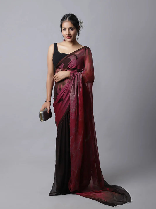 Wine Lilium Silk Chiffon Saree