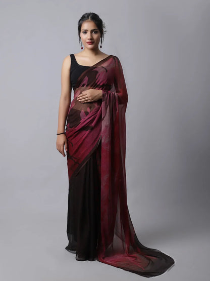 Wine Lilium Silk Chiffon Saree