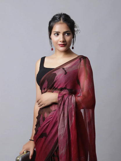 Wine Lilium Silk Chiffon Saree