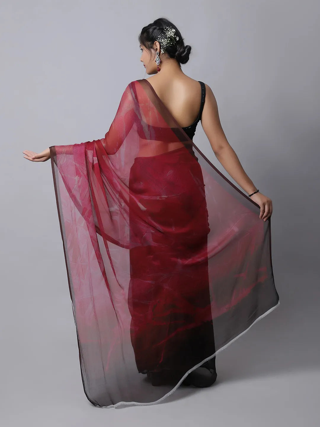 Wine Lilium Silk Chiffon Saree
